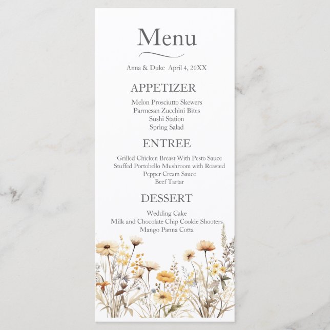 Menu Mariage Fleur sauvage jaune (Devant)