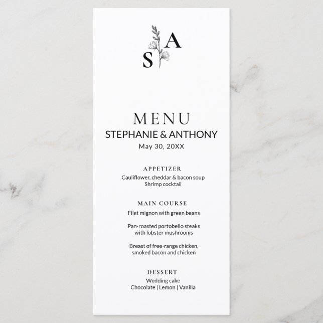 Menu Mariage Fleur sauvage minimaliste BW Monogram (Devant)