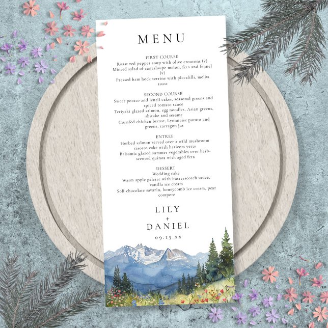 Menu Mariage Fleur sauvage moderne Watercolor Mountain (Modern Watercolor Mountain Wildflower Wedding Menu)