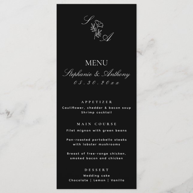 Menu Mariage Fleur sauvage noir et blanc Monogramme (Devant)