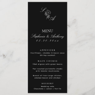 Menu Mariage Fleur sauvage noir et blanc Monogramme