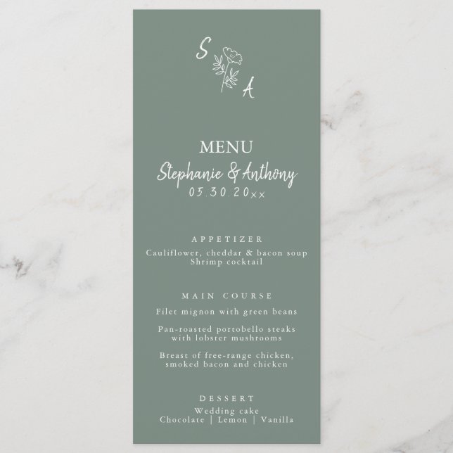 Menu Mariage Fleur sauvage noir et blanc Monogramme (Devant)