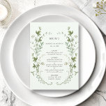 Menu Mariage Fleur sauvage Pale Green Elegant<br><div class="desc">Cet élégant menu de mariage propose de beaux fleurs sauvages aquarellés peints à la main, disposés comme une couronne, parfaits pour le printemps, l'été ou les mariages de automne. Pour une personnalisation plus avancée de cette conception, cliquez sur le BOUTON OUTIL DESIGN BLEU ci-dessus ! Des articles correspondants sont également...</div>