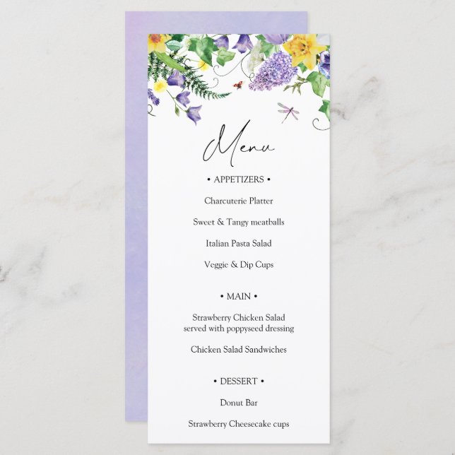 Menu Mariage Fleur sauvage rustique (Devant / Derrière)