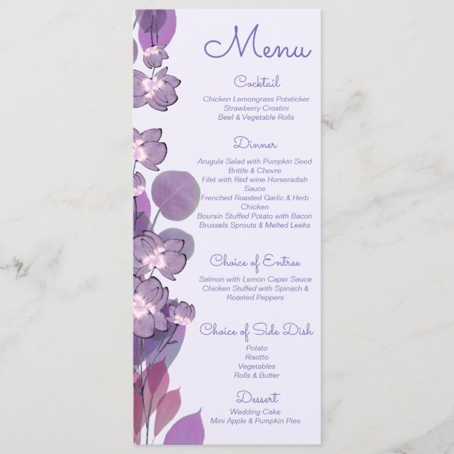 Menu Mariage fleuri mauve pourpre (Devant)