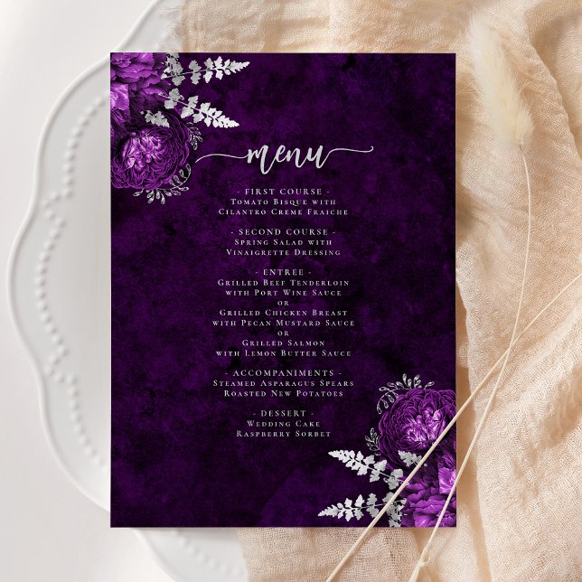 Menu Mariage Fleurie Argent Élégant Prune (Créateur téléchargé)