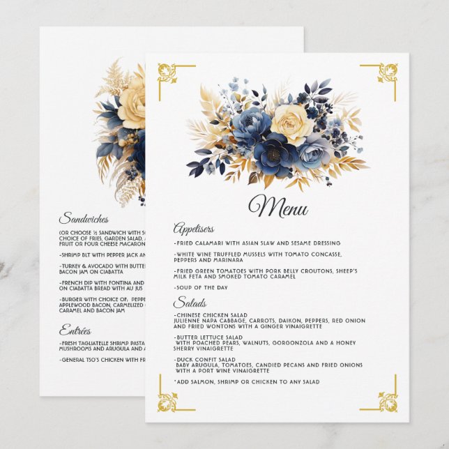 Menu Mariage Fleurie Bleu Marine et Or (Devant / Derrière)