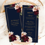 Menu Mariage Fleurie Bleu Nuit Burgundy Blush Sombre<br><div class="desc">Personnalisez facilement et rapidement cette élégante carte de menu slim pour mariage. Cliquez simplement sur le bouton Modifier à l'aide d'outils de conception pour modifier le texte, changer les polices et les couleurs des polices. Présentant de belles fleurs de pivoine bordeaux et blush réalistes sur un fond bleu marine foncé....</div>