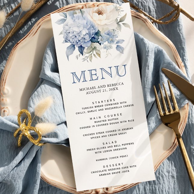 Menu Mariage Fleurie Bleu Poussiéreux et Blanc (Créateur téléchargé)
