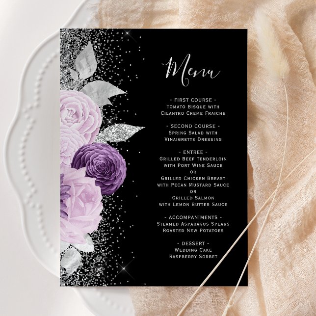 Menu Mariage Fleurie Violet Argent Pailleté Noir (Créateur téléchargé)