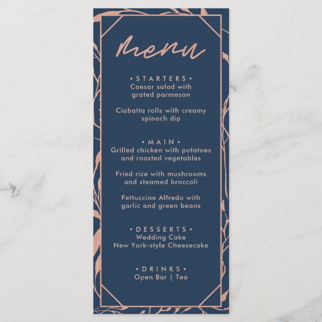 Menu Mariage Fleuris Bleu Nuit et Or Rose Moderne (Devant)