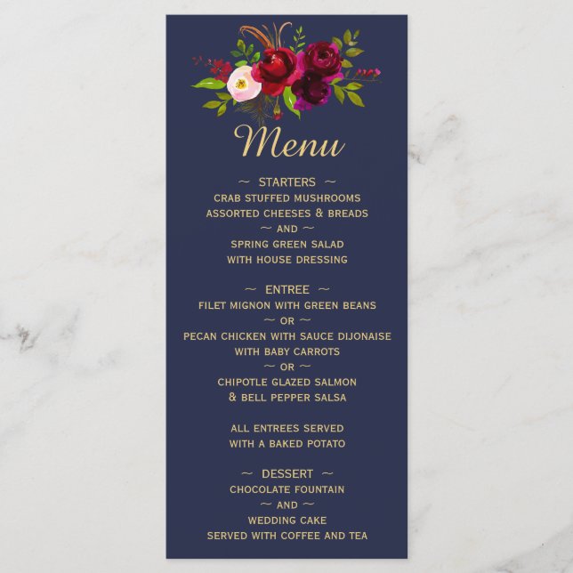 Menu Mariage Fleuris Script Bleu Marine Bourgogne (Devant)