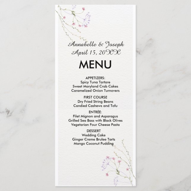 Menu Mariage fleurs aquarelle minimalistes blanches (Devant)