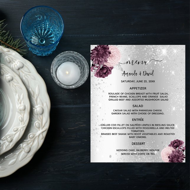 Menu mariage Fleurs argentées bordeaux roses (Créateur téléchargé)