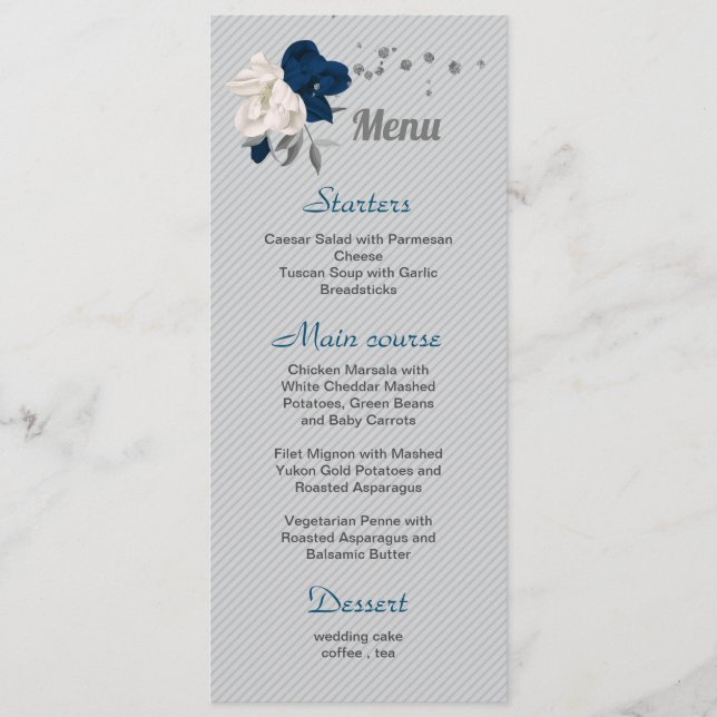 Menu mariage fleurs blanches et bleu marine feuilles ar (Devant)