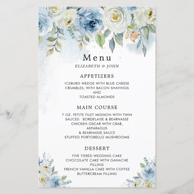 Menu Mariage Fleurs d'aquarelle bleu foncé (Devant)