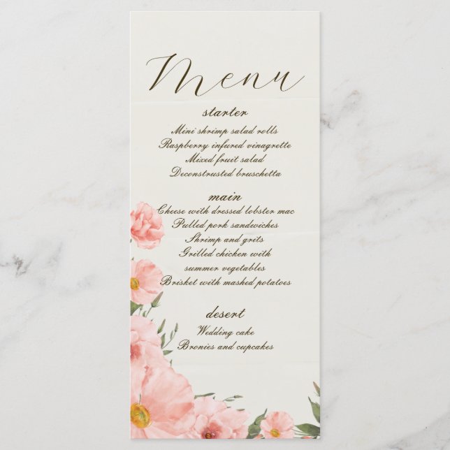 Menu Mariage Fleurs d'aquarelle rose (Devant)