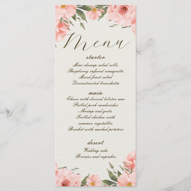 Menu Mariage Fleurs d'aquarelle rose (Devant)