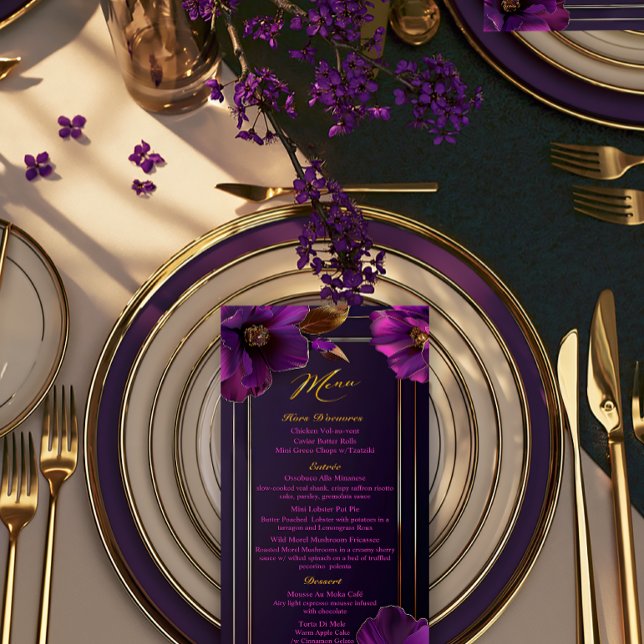 Menu Mariage Fleurs de Luxe Violettes Lumineuses  (Chic Floral Luminous Violets Purple Wedding Menu )