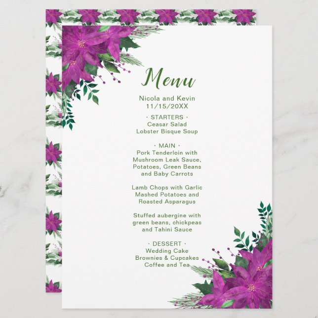 Menu Mariage Fleurs de Poinsettia violet de Noël (Devant / Derrière)