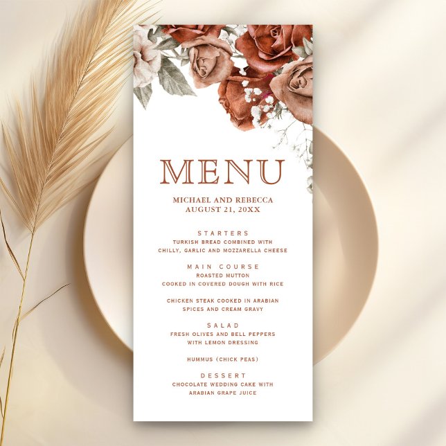 Menu Mariage Fleurs de Terracotta Roses Orange Brûlées (Créateur téléchargé)