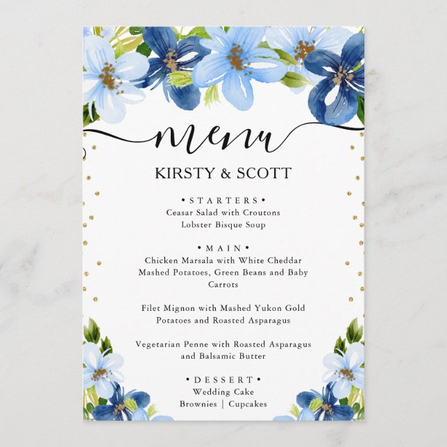 Menu Mariage Fleurs d'été Bleu et Nuit (Devant)