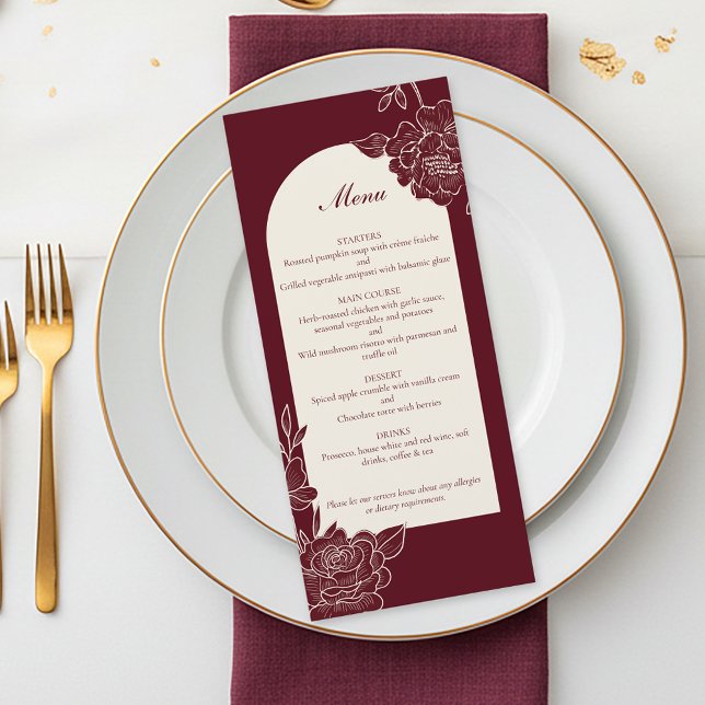 Menu Mariage Fleurs d'Ivoire à l'Arche de Bourgogne Pro (Deep Burgundy Floral Line Art with Ivory Arch Wedding Menu)