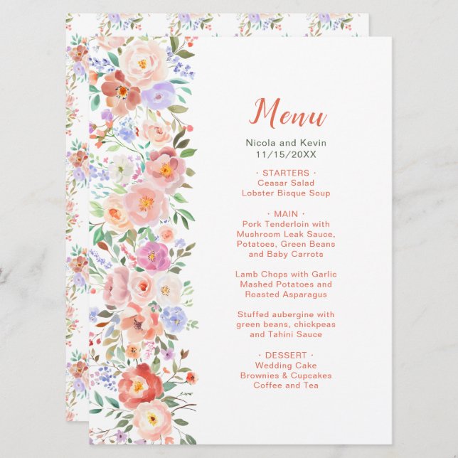 Menu Mariage Fleurs florales printanières (Devant / Derrière)