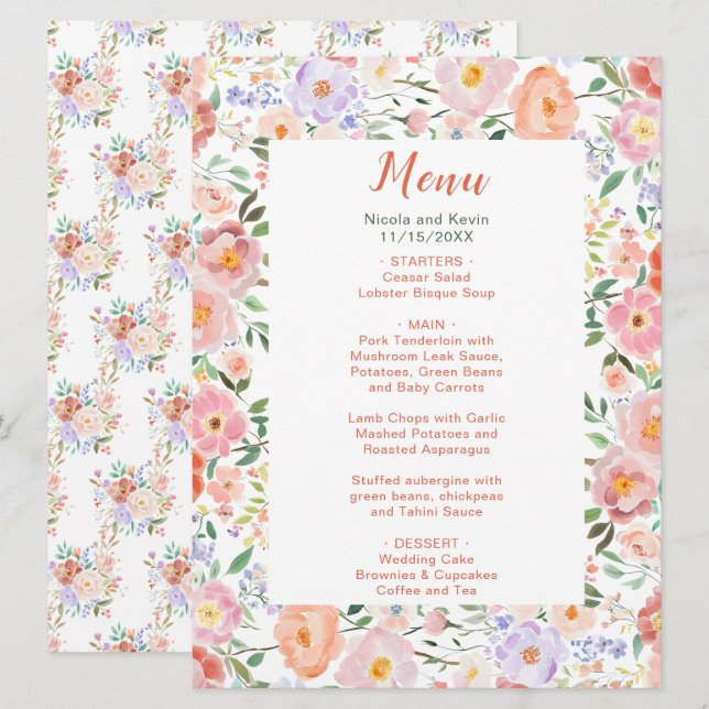 Menu Mariage Fleurs florales printanières (Devant / Derrière)