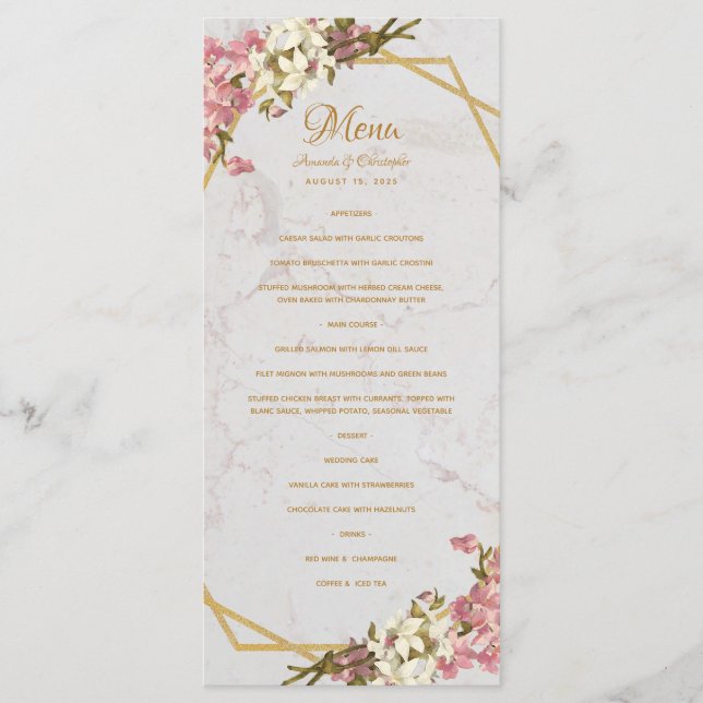 Menu Mariage Fleurs Géométriques Marbre Doré et Orchidé (Devant)