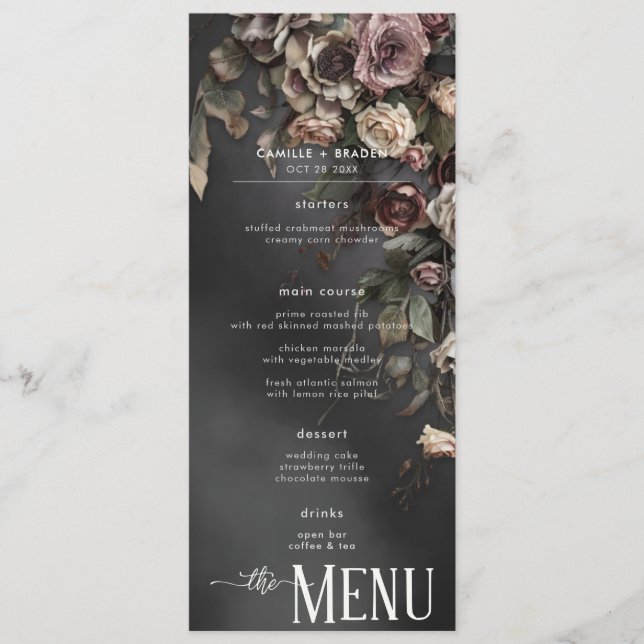 Menu Mariage Fleurs Gothiques Noires et Brume (Devant)