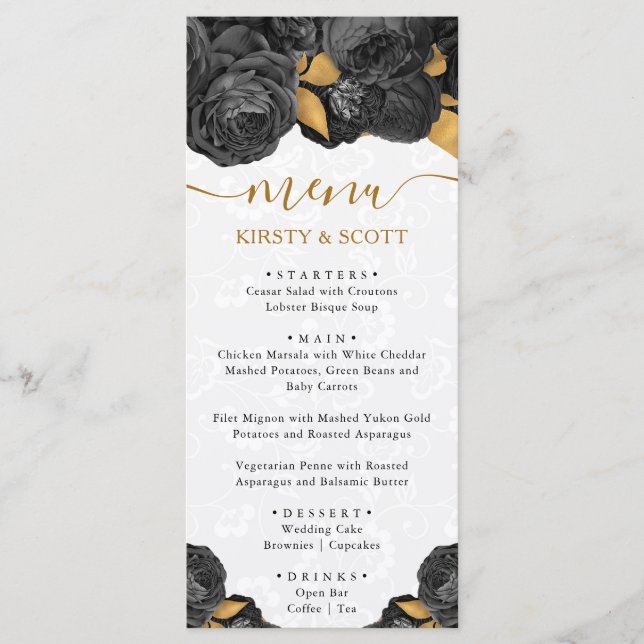Menu Mariage Fleurs Noir et Or Aquarelle (Devant)