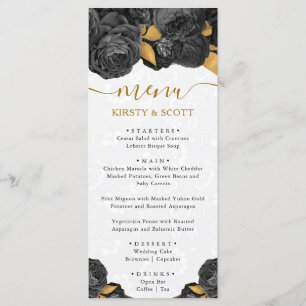 Menu Mariage Fleurs Noir et Or Aquarelle