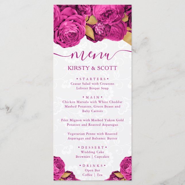 Menu Mariage Fleurs Rose et Or Aquarelle (Devant)