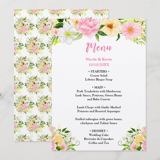 Menu Mariage Fleurs Roses et Jaunes d'Été (Devant / Derrière)