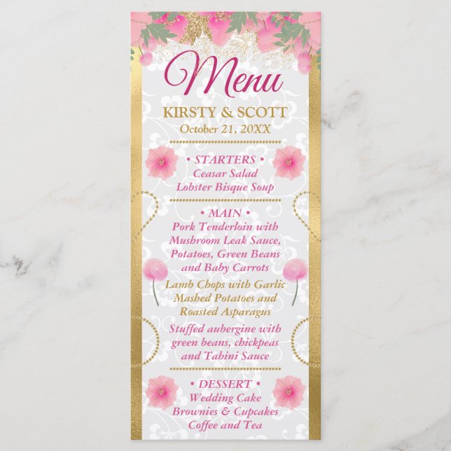 Menu Mariage Fleurs Roses et Or à l'aquarelle (Devant)