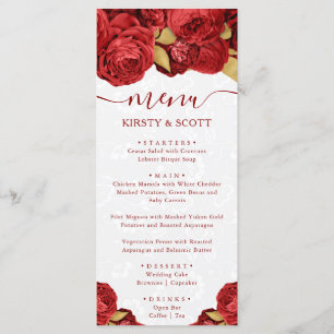 Menu Mariage Fleurs Rouges et Or Aquarelle