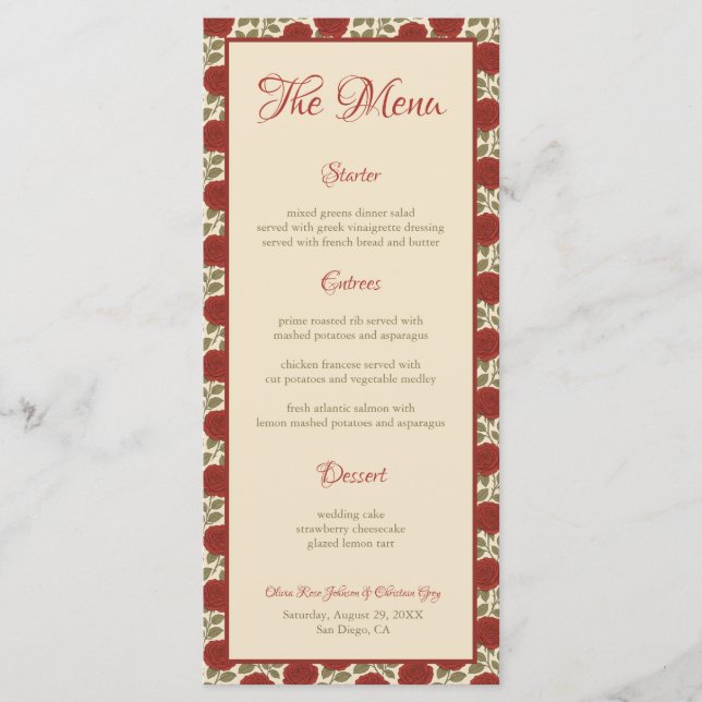 Menu Mariage Fleurs rouges vintages (Devant)