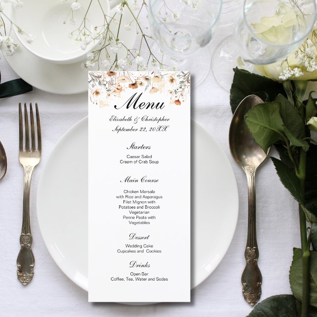 Menu Mariage Fleurs Sauvages Bohème Couleurs Neutres  (Boho Wildflowers Cream Beige Yellow Neutral Colors Wedding Menu)