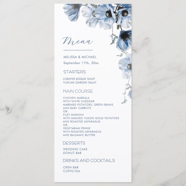 Menu Mariage Fleurs Transparentes Bleues (Devant)