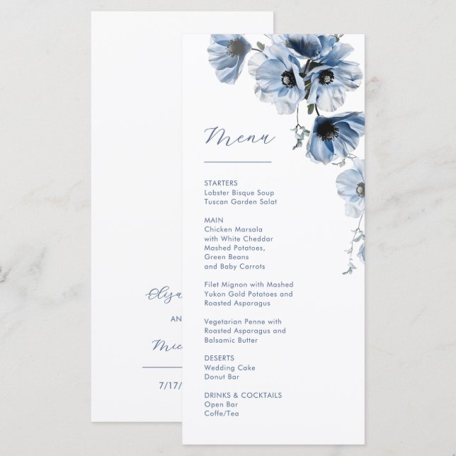 Menu Mariage Fleurs Transparentes Bleues (Devant / Derrière)
