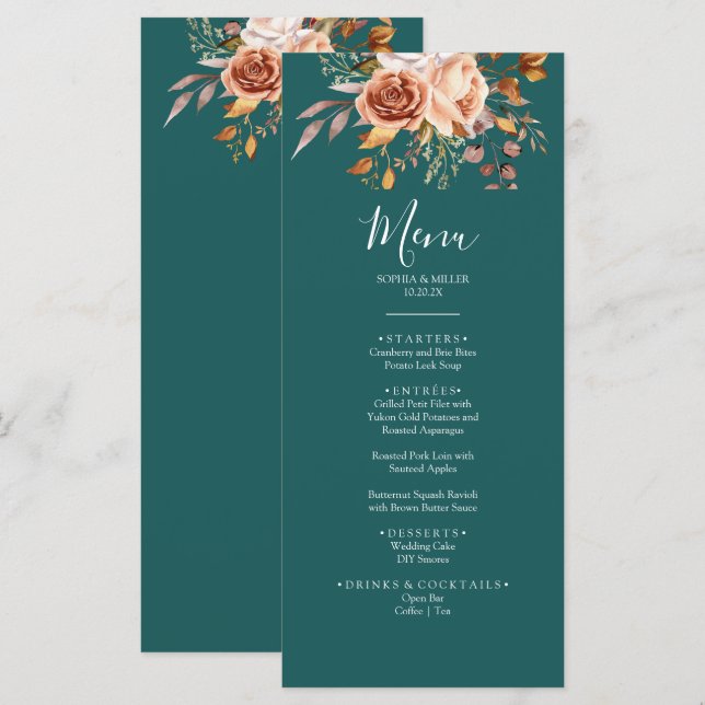 Menu Mariage floral à l'aquarelle sarcelle et terre cui (Devant / Derrière)