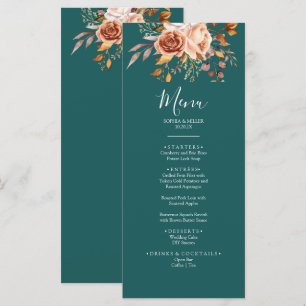 Menu Mariage floral à l'aquarelle sarcelle et terre cui