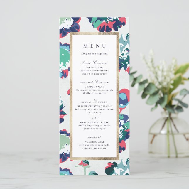 Menu Mariage floral abstrait or vert classique (Debout devant)
