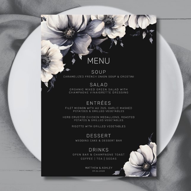Menu Mariage Floral Anémone Noir Élégant Moderne (Elegant Black Floral Wedding Menu)