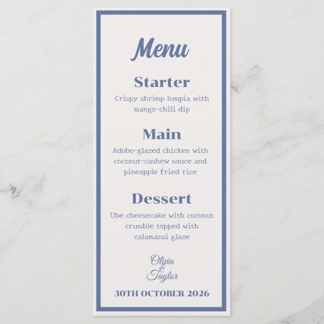 Menu Mariage Floral Aquarelle Bleu Poussiéreux (Devant)