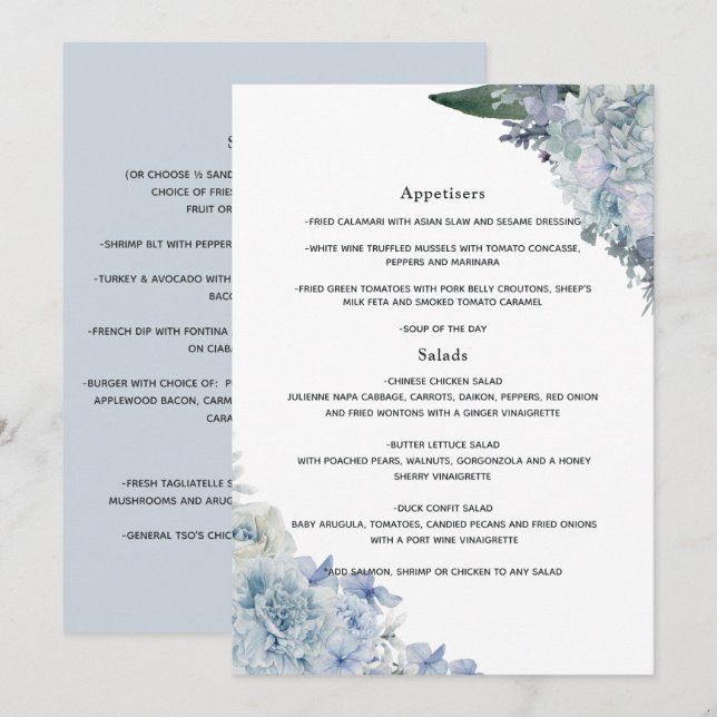 Menu Mariage floral aquarelle bleu poussiéreux (Devant / Derrière)