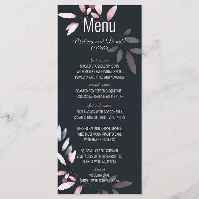 Menu Mariage Floral Aquarelle Élégant Rose Navy (Devant)