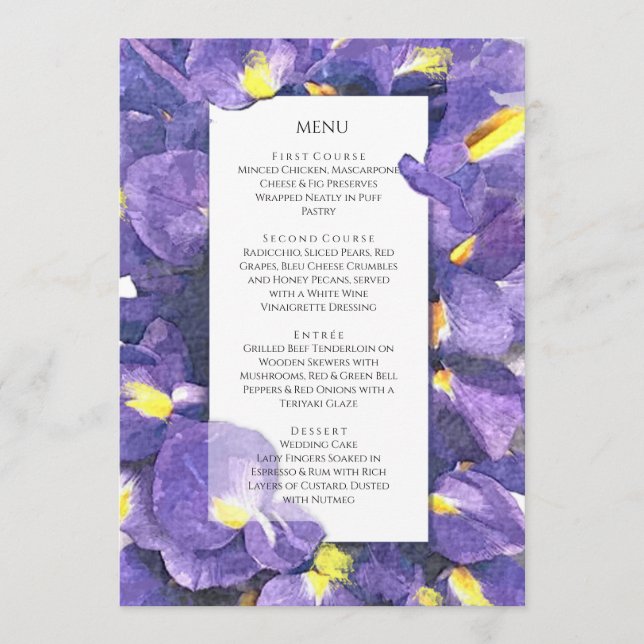 Menu Mariage Floral Aquarelle Iris Violets Époustouflan (Devant)
