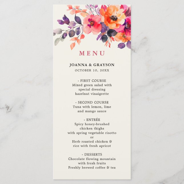 Menu Mariage Floral Aquarelle Orange Rose Clair Gras (Devant)
